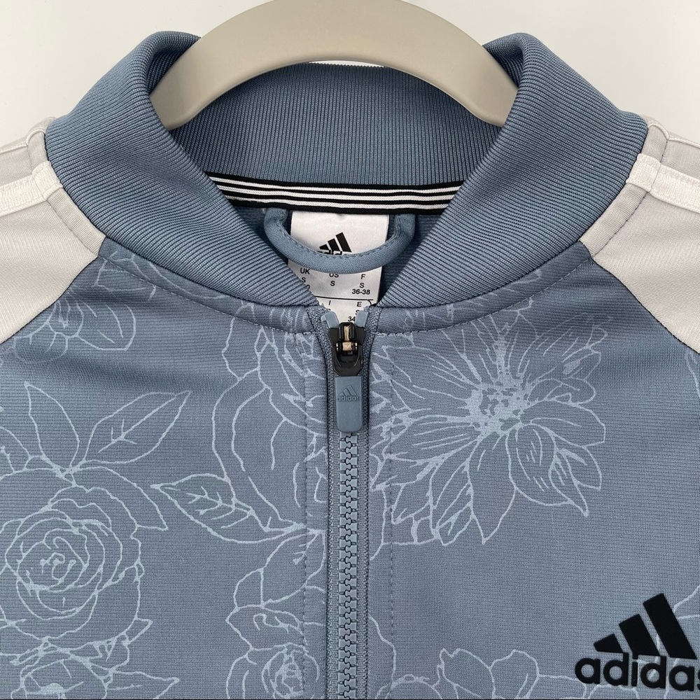 Adidas Zip Up Jacket Blue Floral Gray Sleeves with White Stripes Womens Small - Picture 5 of 15